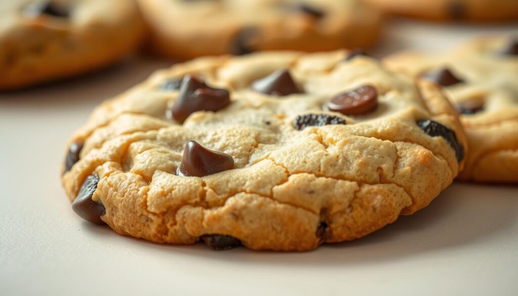 A close-up, studio-lit photograph of a freshly baked chocolate chip cookie on a light-colored surface. The cookie has a golden-brown exterior with visible chocolate chips nestled throughout. The lighting highlights the cookie's delicate, cracked texture and gooey, melted chocolate chips. The background is softly blurred, allowing the cookie to be the dominant focal point. The overall mood is warm, inviting, and highlights the homemade quality of the cookie without any brown sugar in the recipe. A close-up, studio-lit photograph of a freshly baked chocolate chip cookie on a light-colored surface. The cookie has a golden-brown exterior with visible chocolate chips nestled throughout. The lighting highlights the cookie's delicate, cracked texture and gooey, melted chocolate chips. The background is softly blurred, allowing the cookie to be the dominant focal point. The overall mood is warm, inviting, and highlights the homemade quality of the cookie without any brown sugar in the recipe.