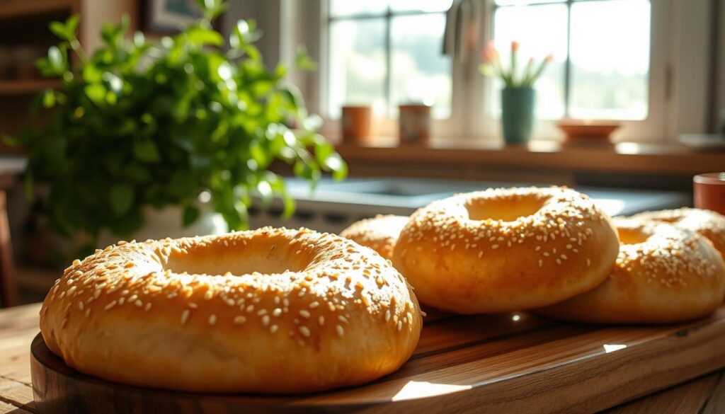 A cozy cottage kitchen, sunlight streaming through the windows, illuminating a wooden table with a platter of freshly baked cottage cheese bagels. The bagels, golden and fluffy, are adorned with a light dusting of sesame seeds, inviting a closer look. The aroma of warm, tangy cottage cheese mingles with the earthy notes of the bagels, creating a mouthwatering scene. In the background, a lush green plant adds a touch of natural charm, while the overall composition conveys a sense of wholesome, healthy indulgence. The scene is captured with a soft, natural lighting that enhances the inviting, homemade quality of the cottage cheese bagels. A cozy cottage kitchen, sunlight streaming through the windows, illuminating a wooden table with a platter of freshly baked cottage cheese bagels. The bagels, golden and fluffy, are adorned with a light dusting of sesame seeds, inviting a closer look. The aroma of warm, tangy cottage cheese mingles with the earthy notes of the bagels, creating a mouthwatering scene. In the background, a lush green plant adds a touch of natural charm, while the overall composition conveys a sense of wholesome, healthy indulgence. The scene is captured with a soft, natural lighting that enhances the inviting, homemade quality of the cottage cheese bagels.