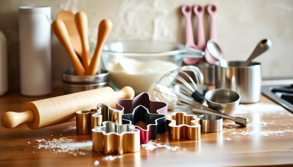 A cozy kitchen counter showcases an assortment of essential baking tools. In the foreground, a rolling pin, cookie cutters, and a whisk stand ready. In the middle ground, a mixing bowl, measuring cups, and spoons are neatly arranged. In the background, a flour-dusted surface hints at the imminent cookie-making process. The scene is bathed in warm, natural lighting, creating a welcoming and inviting atmosphere. The overall composition emphasizes the simplicity and accessibility of the required equipment, perfectly suiting the "Easy 3 Ingredient Sugar Cookie Recipe" theme. A cozy kitchen counter showcases an assortment of essential baking tools. In the foreground, a rolling pin, cookie cutters, and a whisk stand ready. In the middle ground, a mixing bowl, measuring cups, and spoons are neatly arranged. In the background, a flour-dusted surface hints at the imminent cookie-making process. The scene is bathed in warm, natural lighting, creating a welcoming and inviting atmosphere. The overall composition emphasizes the simplicity and accessibility of the required equipment, perfectly suiting the "Easy 3 Ingredient Sugar Cookie Recipe" theme.