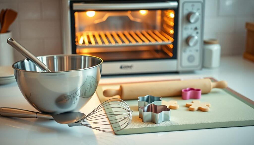 A crisp, bright kitchen counter with an array of essential equipment for baking butter-free cookies. In the foreground, a sleek, stainless steel mixing bowl, a sturdy spatula, and a whisk. In the middle ground, a silicone baking mat, a rolling pin, and a set of cookie cutters in various playful shapes. The background features a modern convection oven with a glass door, illuminating the scene with a warm, even glow. The overall mood is one of efficient, streamlined preparation, setting the stage for a delightful, butter-free baking experience. A crisp, bright kitchen counter with an array of essential equipment for baking butter-free cookies. In the foreground, a sleek, stainless steel mixing bowl, a sturdy spatula, and a whisk. In the middle ground, a silicone baking mat, a rolling pin, and a set of cookie cutters in various playful shapes. The background features a modern convection oven with a glass door, illuminating the scene with a warm, even glow. The overall mood is one of efficient, streamlined preparation, setting the stage for a delightful, butter-free baking experience.