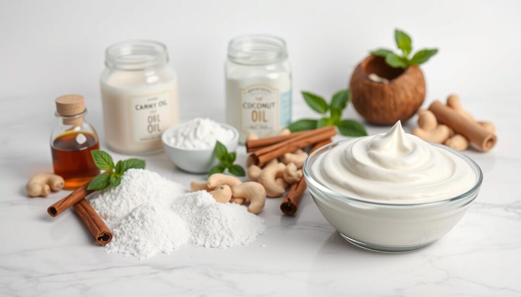 A crisp, clean, and well-lit studio shot of an assortment of dairy-free frosting ingredients arranged on a white marble surface. In the foreground, a bowl of creamy, smooth coconut milk-based frosting, its texture and sheen tantalizing. Surrounding it are small piles of powdered sugar, vanilla extract, a cinnamon stick, and a handful of raw cashews - the key components for a rich, flavorful dairy-free frosting. The middle ground showcases a jar of coconut oil and a few fresh sprigs of mint, adding a touch of freshness. The background is minimalist, allowing the ingredients to be the true stars of the scene, conveying a sense of simplicity and purity. A crisp, clean, and well-lit studio shot of an assortment of dairy-free frosting ingredients arranged on a white marble surface. In the foreground, a bowl of creamy, smooth coconut milk-based frosting, its texture and sheen tantalizing. Surrounding it are small piles of powdered sugar, vanilla extract, a cinnamon stick, and a handful of raw cashews - the key components for a rich, flavorful dairy-free frosting. The middle ground showcases a jar of coconut oil and a few fresh sprigs of mint, adding a touch of freshness. The background is minimalist, allowing the ingredients to be the true stars of the scene, conveying a sense of simplicity and purity.