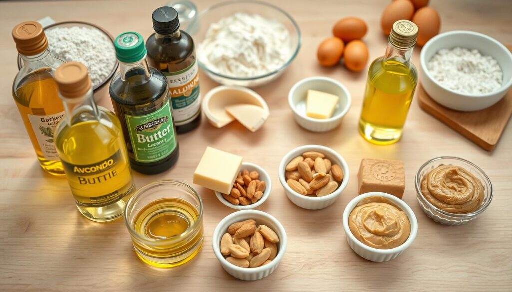 A crisp, evenly-lit overhead shot of an assortment of butter substitutes neatly arranged on a light wooden table. In the foreground, a variety of plant-based oils, such as coconut, olive, and avocado, are displayed in small glass containers. In the middle ground, an array of nut butters, including almond and peanut, are laid out in small ceramic dishes. In the background, a scattering of baking ingredients like flour, sugar, and eggs hints at the cookies to come. The lighting is soft and diffused, creating a warm, inviting atmosphere that showcases the diverse options for butter-free baking.
