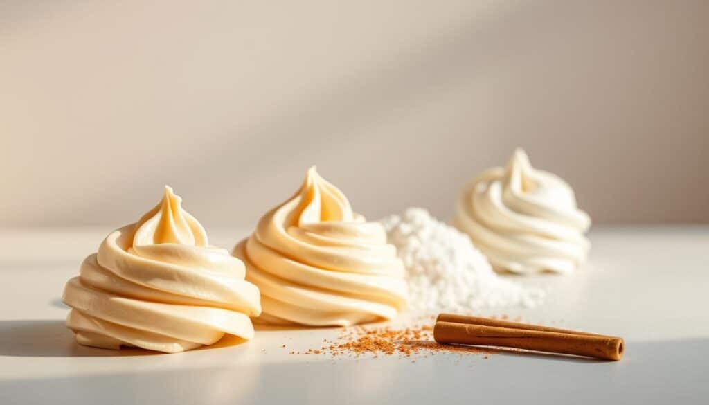 A delectable arrangement of dairy-free frosting alternatives, presented against a softly-lit, minimalist backdrop. In the foreground, a smooth, creamy cashew-based frosting is showcased, its silky texture glistening under warm, directional lighting. Beside it, a dollop of rich, coconut-infused whipped topping adds visual interest. In the middle ground, a scattering of ground cinnamon and a dusting of powdered sugar hint at the flavors to come. The background features a plain, neutral surface, allowing the frosting options to take center stage and their colors to pop. The overall scene conveys a sense of simple elegance, inviting the viewer to imagine the possibilities of crafting cinnamon rolls with these cream cheese-free, dairy-free frosting alternatives. A delectable arrangement of dairy-free frosting alternatives, presented against a softly-lit, minimalist backdrop. In the foreground, a smooth, creamy cashew-based frosting is showcased, its silky texture glistening under warm, directional lighting. Beside it, a dollop of rich, coconut-infused whipped topping adds visual interest. In the middle ground, a scattering of ground cinnamon and a dusting of powdered sugar hint at the flavors to come. The background features a plain, neutral surface, allowing the frosting options to take center stage and their colors to pop. The overall scene conveys a sense of simple elegance, inviting the viewer to imagine the possibilities of crafting cinnamon rolls with these cream cheese-free, dairy-free frosting alternatives.