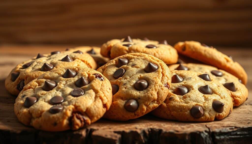 A delectable arrangement of freshly baked chocolate chip cookies, their golden-brown surfaces glistening under soft, warm lighting. The cookies are presented on a rustic wooden surface, their crisp edges and oozing chocolate chips tempting the viewer. In the background, a minimalist, natural-toned setting creates a cozy, inviting atmosphere, drawing attention to the star of the scene - the butter-free cookies. The image showcases the mouthwatering texture and rich flavor of these unique treats, enticing the viewer to imagine their delightful taste and satisfying crunch. A delectable arrangement of freshly baked chocolate chip cookies, their golden-brown surfaces glistening under soft, warm lighting. The cookies are presented on a rustic wooden surface, their crisp edges and oozing chocolate chips tempting the viewer. In the background, a minimalist, natural-toned setting creates a cozy, inviting atmosphere, drawing attention to the star of the scene - the butter-free cookies. The image showcases the mouthwatering texture and rich flavor of these unique treats, enticing the viewer to imagine their delightful taste and satisfying crunch.