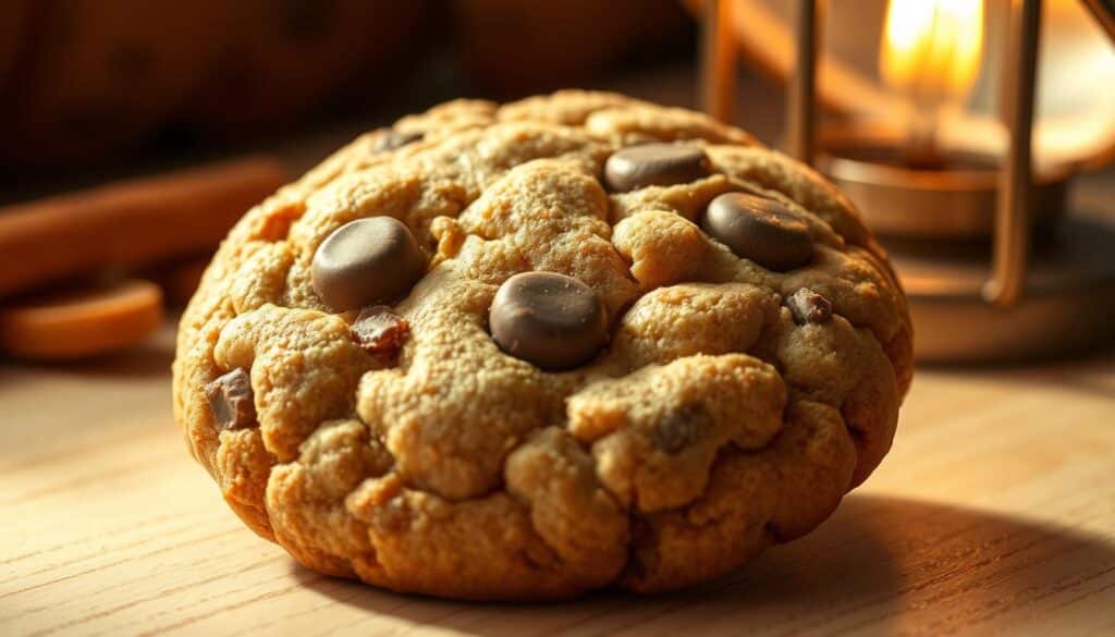 A delectable close-up of a fresh-baked banana chocolate chip cookie, resting on a lightly textured wooden surface. The cookie's surface is dotted with golden-brown baked chips, contrasting beautifully with the rich, caramelized banana hue. Soft, chewy edges give way to a moist, cake-like interior, enticing the viewer with its homemade allure. Warm lighting from an angled, vintage-inspired lamp casts a cozy glow, accentuating the cookie's inviting aroma and highlighting the subtle hints of cinnamon and vanilla. The overall composition evokes a sense of comforting nostalgia, a classic treat fresh from the oven. A delectable close-up of a fresh-baked banana chocolate chip cookie, resting on a lightly textured wooden surface. The cookie's surface is dotted with golden-brown baked chips, contrasting beautifully with the rich, caramelized banana hue. Soft, chewy edges give way to a moist, cake-like interior, enticing the viewer with its homemade allure. Warm lighting from an angled, vintage-inspired lamp casts a cozy glow, accentuating the cookie's inviting aroma and highlighting the subtle hints of cinnamon and vanilla. The overall composition evokes a sense of comforting nostalgia, a classic treat fresh from the oven.