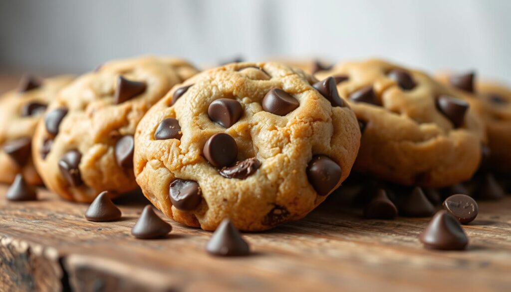 A delectable close-up of freshly baked chocolate chip banana cookies, glistening with a light sheen and studded with melty chocolate morsels. The cookies are arranged on a rustic wooden surface, with a soft, diffused lighting that accentuates their warm, golden-brown hue. The background is subtly blurred, allowing the cookies to take center stage and capturing the irresistible aroma of ripe bananas and decadent chocolate. The composition is balanced and inviting, showcasing the cookies' perfect texture and tempting the viewer to take a bite. A delectable close-up of freshly baked chocolate chip banana cookies, glistening with a light sheen and studded with melty chocolate morsels. The cookies are arranged on a rustic wooden surface, with a soft, diffused lighting that accentuates their warm, golden-brown hue. The background is subtly blurred, allowing the cookies to take center stage and capturing the irresistible aroma of ripe bananas and decadent chocolate. The composition is balanced and inviting, showcasing the cookies' perfect texture and tempting the viewer to take a bite.