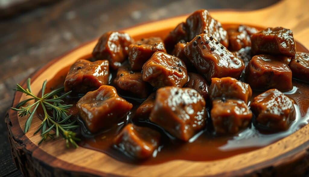 A delectable dish of slow-cooked, tender beef tips in a rich, savory gravy. The beef is arranged on a rustic wooden board, glistening in the warm, directional lighting. Aromatic herbs and a sprinkle of coarse black pepper adorn the succulent morsels, creating a tantalizing visual. The background features a soft, blurred textured surface, allowing the hero dish to take center stage. The overall composition evokes a homey, comforting atmosphere, perfectly capturing the essence of a beloved family recipe. A delectable dish of slow-cooked, tender beef tips in a rich, savory gravy. The beef is arranged on a rustic wooden board, glistening in the warm, directional lighting. Aromatic herbs and a sprinkle of coarse black pepper adorn the succulent morsels, creating a tantalizing visual. The background features a soft, blurred textured surface, allowing the hero dish to take center stage. The overall composition evokes a homey, comforting atmosphere, perfectly capturing the essence of a beloved family recipe.