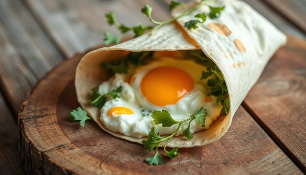 A delicate cottage cheese wrap resting on a rustic wooden surface, its creamy white filling dotted with vibrant egg yolks. Crisp greens and fresh herbs cascade around the edges, lending a pop of color and a touch of health. The lighting is soft and natural, casting gentle shadows that accentuate the wrap's textural details. A minimalist, elegant composition that captures the nutritional benefits of this simple yet satisfying dish. A delicate cottage cheese wrap resting on a rustic wooden surface, its creamy white filling dotted with vibrant egg yolks. Crisp greens and fresh herbs cascade around the edges, lending a pop of color and a touch of health. The lighting is soft and natural, casting gentle shadows that accentuate the wrap's textural details. A minimalist, elegant composition that captures the nutritional benefits of this simple yet satisfying dish.