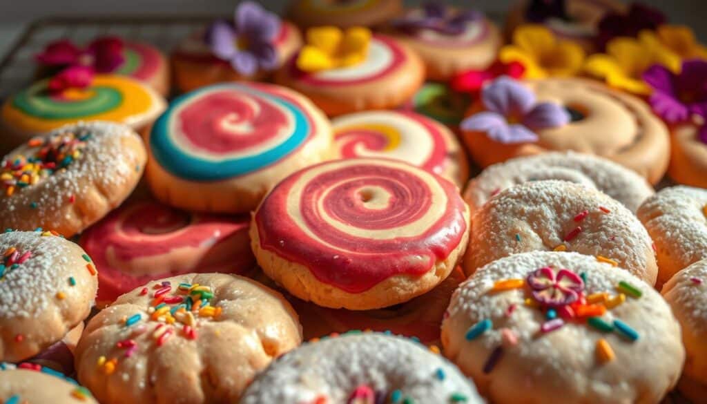 A delightful assortment of freshly baked cookies, their surfaces adorned with a vibrant array of hues. The foreground showcases an array of round, pillowy confections dusted with powdered sugar, their edges flecked with colorful sprinkles in a rainbow of shades. The middle ground features cookies iced with vibrant glazes, swirling patterns of crimson, azure, and citrine. In the background, a selection of biscuits dappled with edible flowers, their petals adding pops of magenta, sunshine yellow, and soft lavender. Warm, indirect lighting casts a cozy glow, accentuating the inviting textures and mouthwatering appeal. The overall scene evokes a sense of joy, creativity, and the power of color to elevate the simple pleasure of a freshly baked treat. A delightful assortment of freshly baked cookies, their surfaces adorned with a vibrant array of hues. The foreground showcases an array of round, pillowy confections dusted with powdered sugar, their edges flecked with colorful sprinkles in a rainbow of shades. The middle ground features cookies iced with vibrant glazes, swirling patterns of crimson, azure, and citrine. In the background, a selection of biscuits dappled with edible flowers, their petals adding pops of magenta, sunshine yellow, and soft lavender. Warm, indirect lighting casts a cozy glow, accentuating the inviting textures and mouthwatering appeal. The overall scene evokes a sense of joy, creativity, and the power of color to elevate the simple pleasure of a freshly baked treat.