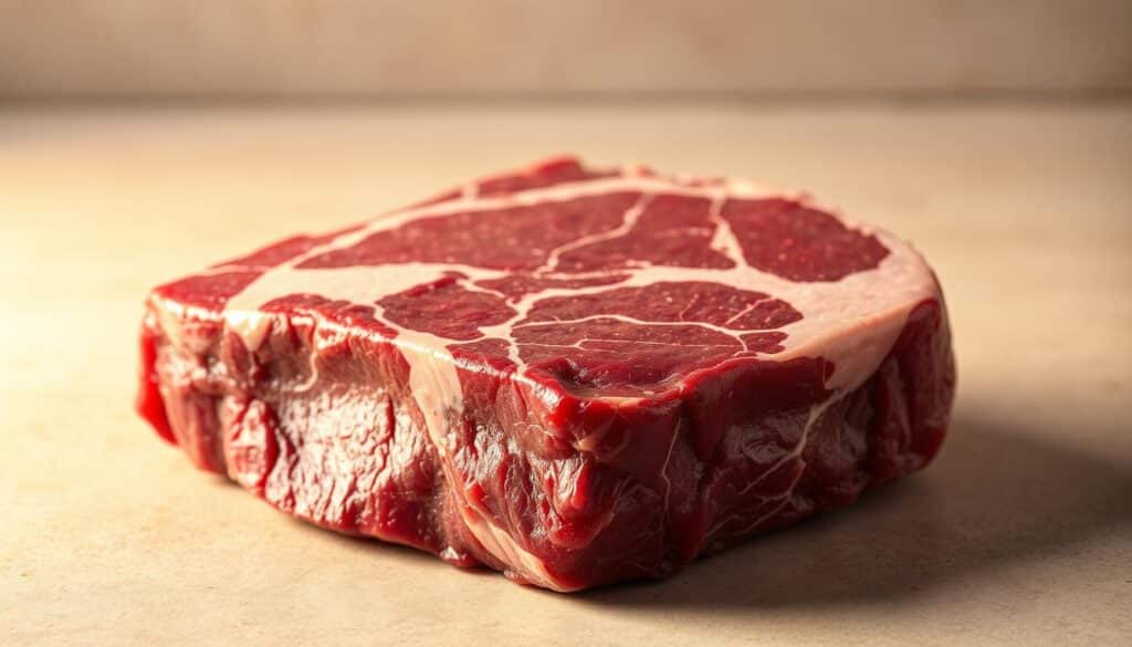 A fresh, high-quality beef flap meat, showcased in a close-up shot under soft, warm lighting, capturing its marbled texture and rich, burgundy hue. The cut is positioned on a clean, neutral-toned surface, emphasizing its natural beauty and inviting the viewer to appreciate its prime quality. The lighting casts gentle shadows, accentuating the meat's dimensional qualities and highlighting its tender, juicy potential. The overall composition and attention to detail convey the premium nature of this versatile cut, making it an ideal choice for the flavorful, tender meals described in the article. A fresh, high-quality beef flap meat, showcased in a close-up shot under soft, warm lighting, capturing its marbled texture and rich, burgundy hue. The cut is positioned on a clean, neutral-toned surface, emphasizing its natural beauty and inviting the viewer to appreciate its prime quality. The lighting casts gentle shadows, accentuating the meat's dimensional qualities and highlighting its tender, juicy potential. The overall composition and attention to detail convey the premium nature of this versatile cut, making it an ideal choice for the flavorful, tender meals described in the article.