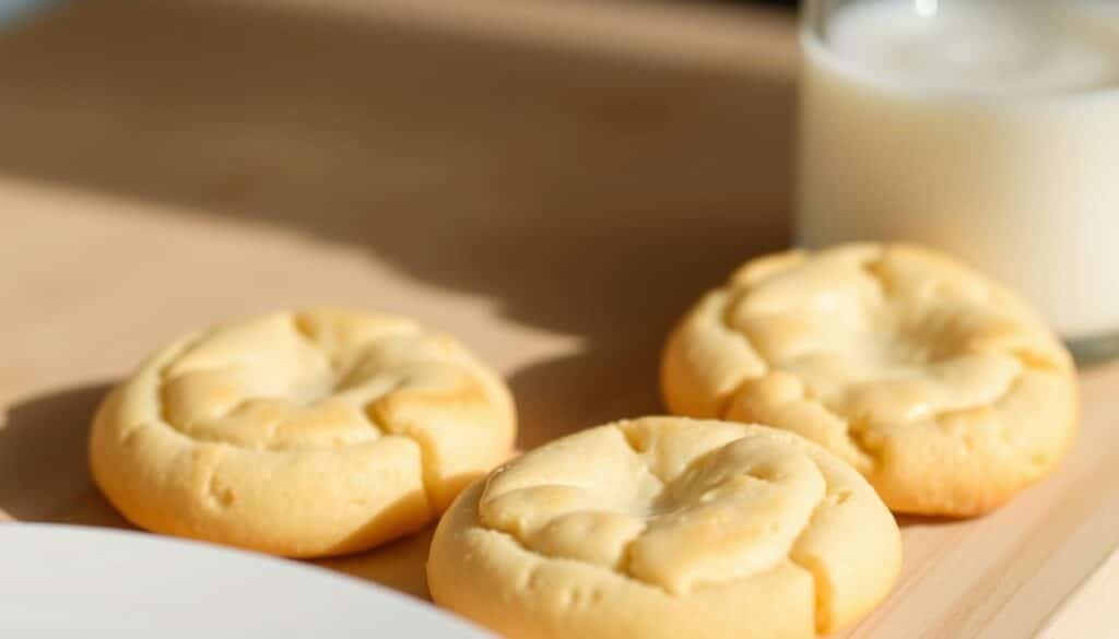 A mouthwatering close-up shot of freshly baked sugar cookies, their golden-brown tops glistening under soft, natural lighting. The cookies are arranged on a light wooden surface, with a simple white plate or platter in the foreground. The background is blurred, creating a focus on the cookies and their delectable texture. The image conveys a sense of simplicity, homemade comfort, and the irresistible appeal of a classic, easy-to-make sugar cookie recipe. A mouthwatering close-up shot of freshly baked sugar cookies, their golden-brown tops glistening under soft, natural lighting. The cookies are arranged on a light wooden surface, with a simple white plate or platter in the foreground. The background is blurred, creating a focus on the cookies and their delectable texture. The image conveys a sense of simplicity, homemade comfort, and the irresistible appeal of a classic, easy-to-make sugar cookie recipe.