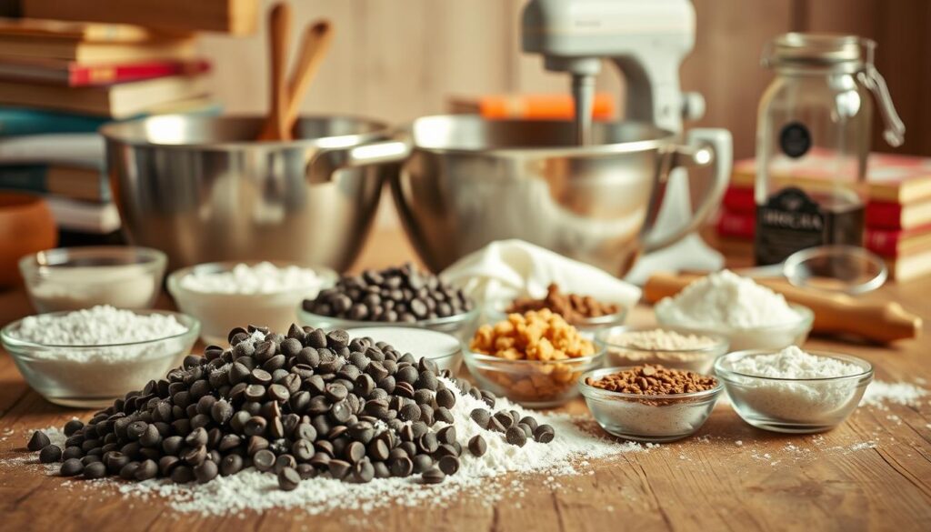 A neatly arranged assortment of baking ingredients on a rustic wooden table, bathed in warm, soft lighting. In the foreground, a pile of chocolate chips, flour, sugar, and brown sugar in small bowls. In the middle ground, a mixing bowl, a hand mixer, and a few measuring cups and spoons. In the background, a vintage glass jar filled with vanilla extract, and a stack of cookbooks. The overall scene evokes a cozy, homemade atmosphere, perfectly suited to illustrate the timeless appeal of the original Betty Crocker chocolate chip cookie recipe.