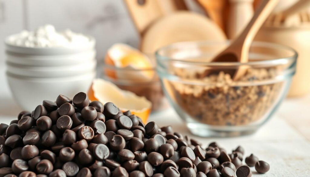 A neatly arranged collection of chocolate chip cookie ingredients against a light, airy backdrop. In the foreground, a pile of semisweet chocolate chips, their glossy surfaces catching the soft, even lighting. Behind it, a stack of flour-dusted measuring cups, a pat of golden butter, and a cracked farm-fresh egg. In the middle ground, a glass mixing bowl filled with brown sugar and granulated sugar, with a wooden spoon dipped into the blend. In the background, a subtle, bokeh-effect blur of kitchen utensils and natural textures, creating a cozy, homey atmosphere. The overall scene has a warm, inviting tone, highlighting the essential elements for baking the perfect chocolate chip cookies. A neatly arranged collection of chocolate chip cookie ingredients against a light, airy backdrop. In the foreground, a pile of semisweet chocolate chips, their glossy surfaces catching the soft, even lighting. Behind it, a stack of flour-dusted measuring cups, a pat of golden butter, and a cracked farm-fresh egg. In the middle ground, a glass mixing bowl filled with brown sugar and granulated sugar, with a wooden spoon dipped into the blend. In the background, a subtle, bokeh-effect blur of kitchen utensils and natural textures, creating a cozy, homey atmosphere. The overall scene has a warm, inviting tone, highlighting the essential elements for baking the perfect chocolate chip cookies.