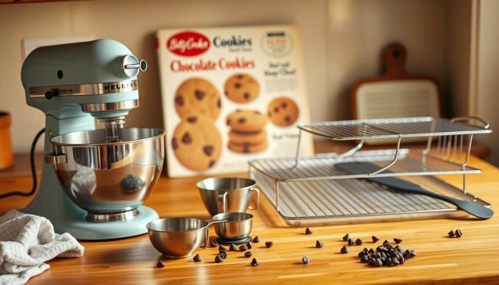 A neatly arranged still life of essential baking equipment for making the classic Betty Crocker chocolate chip cookies, captured in a warm, homey light. In the foreground, a mixing bowl, hand mixer, and measuring cups and spoons sit atop a wooden kitchen counter. In the middle ground, a baking sheet, wire cooling rack, and spatula are visible. In the background, a vintage Betty Crocker cookbook and a few chocolate chips are scattered, hinting at the delicious treats to come. The scene is bathed in a soft, golden glow, evoking the comforting atmosphere of a well-equipped home kitchen.