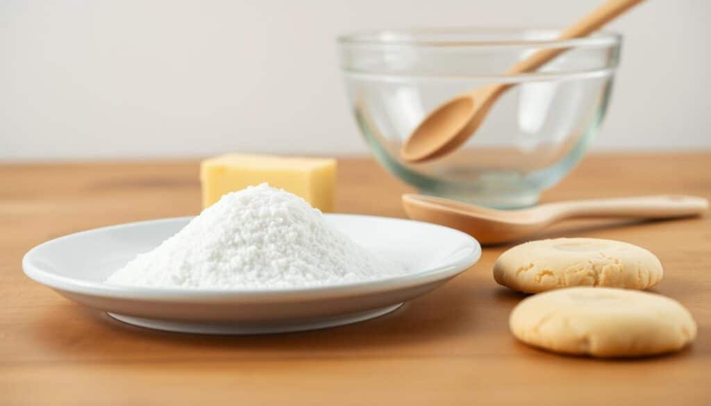 A neatly arranged still life of the essential ingredients for a simple 3-ingredient sugar cookie recipe. In the foreground, a clean white plate holds a small pile of white granulated sugar, a pat of butter, and a single fresh egg. In the middle ground, a vintage-style glass mixing bowl and a wooden spoon sit on a wooden table, with a light, airy backdrop of soft, diffused natural lighting. The overall mood is one of simplicity, warmth, and homemade baking, inviting the viewer to imagine the ease of creating these delightful cookies. A neatly arranged still life of the essential ingredients for a simple 3-ingredient sugar cookie recipe. In the foreground, a clean white plate holds a small pile of white granulated sugar, a pat of butter, and a single fresh egg. In the middle ground, a vintage-style glass mixing bowl and a wooden spoon sit on a wooden table, with a light, airy backdrop of soft, diffused natural lighting. The overall mood is one of simplicity, warmth, and homemade baking, inviting the viewer to imagine the ease of creating these delightful cookies.