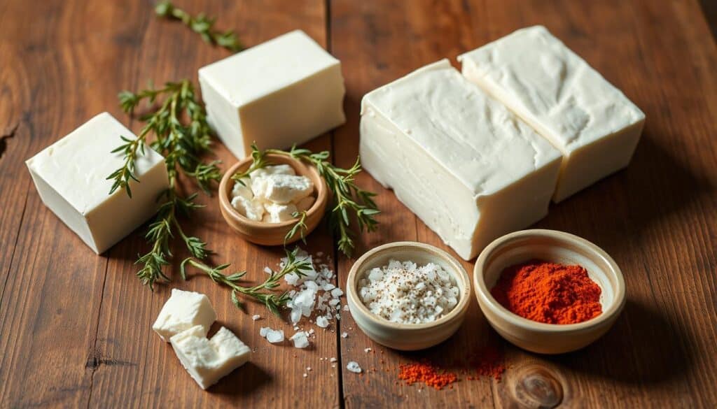 A neatly arranged still life on a rustic wooden table, showcasing the essential ingredients for the perfect smoked cream cheese: blocks of cream cheese, sprigs of fresh thyme, sea salt crystals, and a small bowl of smoked paprika. Warm, directional lighting casts soft shadows, highlighting the rich, creamy texture of the cheese and the earthy tones of the spices. The composition is balanced, with the ingredients occupying the foreground and middle ground, allowing the eye to focus on the key elements. An overall atmosphere of simplicity and culinary elegance, inviting the viewer to imagine the delightful flavors and aromas of the homemade smoked cream cheese. A neatly arranged still life on a rustic wooden table, showcasing the essential ingredients for the perfect smoked cream cheese: blocks of cream cheese, sprigs of fresh thyme, sea salt crystals, and a small bowl of smoked paprika. Warm, directional lighting casts soft shadows, highlighting the rich, creamy texture of the cheese and the earthy tones of the spices. The composition is balanced, with the ingredients occupying the foreground and middle ground, allowing the eye to focus on the key elements. An overall atmosphere of simplicity and culinary elegance, inviting the viewer to imagine the delightful flavors and aromas of the homemade smoked cream cheese.