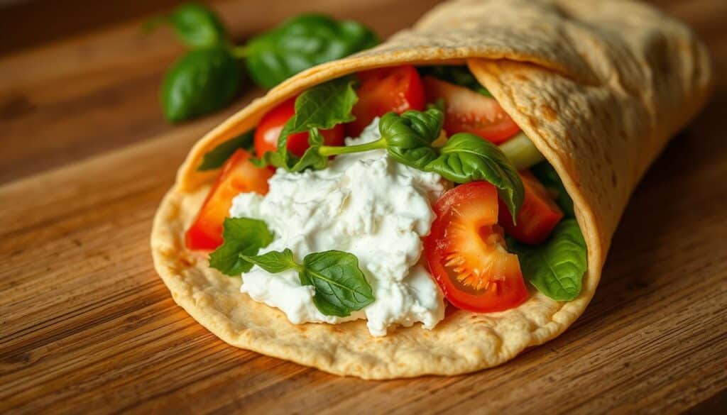 A neatly wrapped cottage cheese and vegetable-filled tortilla, resting on a wooden surface. The tortilla has a golden-brown hue, with a generous spread of creamy cottage cheese and a vibrant array of freshly chopped vegetables - crisp green bell peppers, juicy cherry tomatoes, and fragrant basil leaves. The lighting is soft and natural, creating a warm, inviting atmosphere. The image is captured from a slightly elevated angle, showcasing the delicate folds of the tortilla and the enticing contents within. This cottage cheese wrap embodies the rising popularity of this nutritious and delicious culinary delight. A neatly wrapped cottage cheese and vegetable-filled tortilla, resting on a wooden surface. The tortilla has a golden-brown hue, with a generous spread of creamy cottage cheese and a vibrant array of freshly chopped vegetables - crisp green bell peppers, juicy cherry tomatoes, and fragrant basil leaves. The lighting is soft and natural, creating a warm, inviting atmosphere. The image is captured from a slightly elevated angle, showcasing the delicate folds of the tortilla and the enticing contents within. This cottage cheese wrap embodies the rising popularity of this nutritious and delicious culinary delight.
