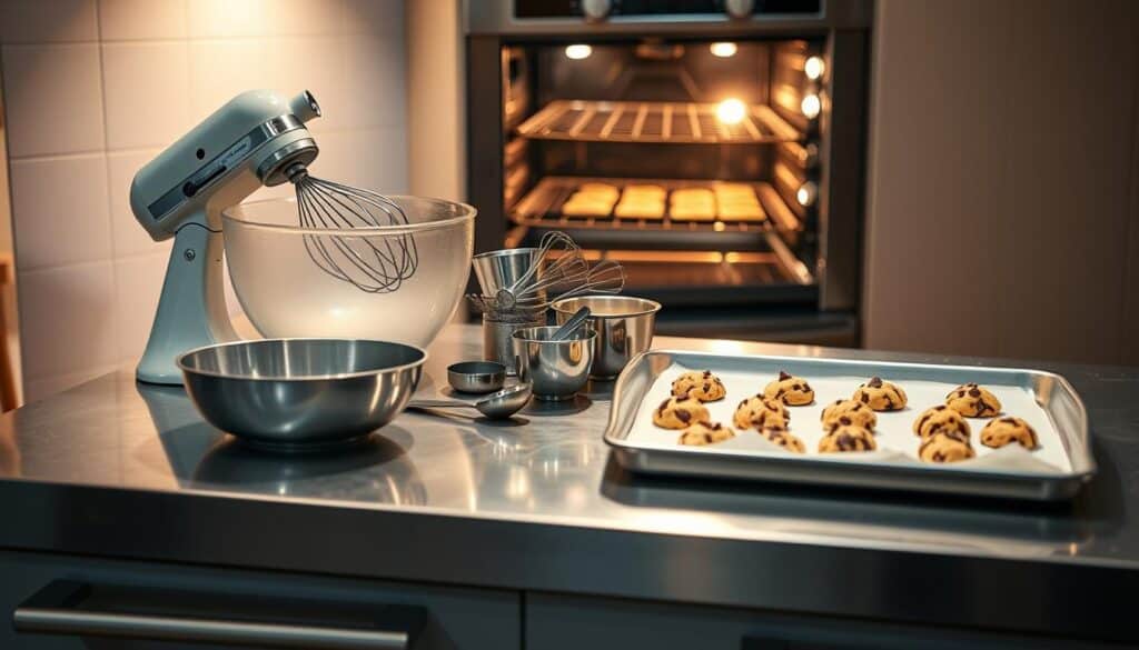 A pristine stainless steel kitchen counter, perfectly illuminated by soft, warm lighting from above. Atop the counter, an array of essential baking tools: a large mixing bowl, a hand mixer with whisk attachments, a set of precise measuring cups and spoons, and a sleek baking sheet ready to receive freshly scooped cookie dough. In the background, the oven door stands ajar, its interior glowing with the promise of perfectly baked mint chocolate cookies. The overall scene exudes a sense of culinary focus and organization, inviting the viewer to imagine the delightful aromas and flavors soon to emerge from this well-equipped baking station. A pristine stainless steel kitchen counter, perfectly illuminated by soft, warm lighting from above. Atop the counter, an array of essential baking tools: a large mixing bowl, a hand mixer with whisk attachments, a set of precise measuring cups and spoons, and a sleek baking sheet ready to receive freshly scooped cookie dough. In the background, the oven door stands ajar, its interior glowing with the promise of perfectly baked mint chocolate cookies. The overall scene exudes a sense of culinary focus and organization, inviting the viewer to imagine the delightful aromas and flavors soon to emerge from this well-equipped baking station.