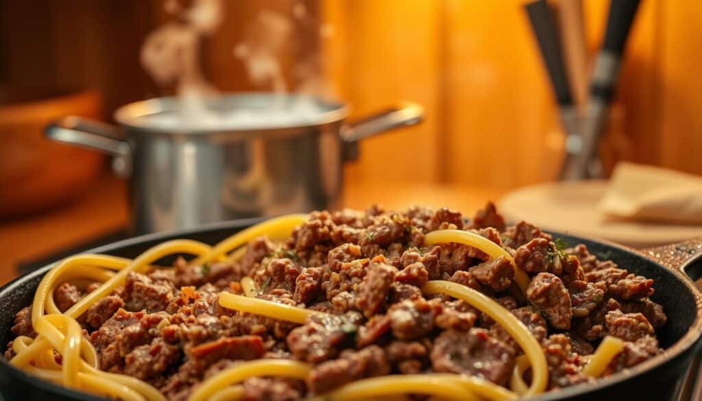 A savory and comforting scene of freshly cooked ground beef and broad egg noodles. In the foreground, the ground beef sizzles in a cast-iron skillet, its rich brown hue accented by hints of garlic and onion. Surrounding the beef, strands of vibrant yellow egg noodles intertwine, ready to soak up the flavorful pan juices. In the middle ground, a steaming pot of boiling water stands ready, highlighting the ease and simplicity of this dish. The background is illuminated by warm, golden-hued lighting, creating a cozy and inviting atmosphere. The entire composition conveys the effortless appeal of this satisfying weeknight meal. A savory and comforting scene of freshly cooked ground beef and broad egg noodles. In the foreground, the ground beef sizzles in a cast-iron skillet, its rich brown hue accented by hints of garlic and onion. Surrounding the beef, strands of vibrant yellow egg noodles intertwine, ready to soak up the flavorful pan juices. In the middle ground, a steaming pot of boiling water stands ready, highlighting the ease and simplicity of this dish. The background is illuminated by warm, golden-hued lighting, creating a cozy and inviting atmosphere. The entire composition conveys the effortless appeal of this satisfying weeknight meal.