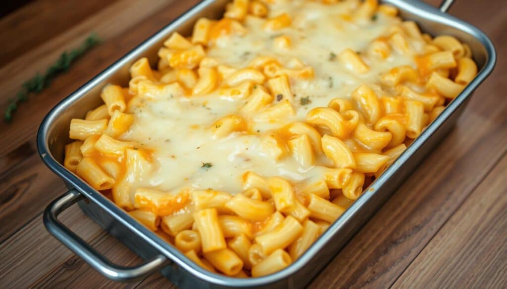 A stainless steel baking dish filled with creamy, golden-brown 3 cheese macaroni and cheese, fresh from the oven. The dish is set on a wooden table, with a soft, even lighting illuminating the bubbling, melted cheese topping. The pasta noodles are perfectly cooked, and the dish is surrounded by a few scattered herbs, such as fresh thyme or parsley, adding a touch of rustic elegance. The overall scene conveys a cozy, comforting atmosphere, inviting the viewer to dive into this delectable, homemade dish. A stainless steel baking dish filled with creamy, golden-brown 3 cheese macaroni and cheese, fresh from the oven. The dish is set on a wooden table, with a soft, even lighting illuminating the bubbling, melted cheese topping. The pasta noodles are perfectly cooked, and the dish is surrounded by a few scattered herbs, such as fresh thyme or parsley, adding a touch of rustic elegance. The overall scene conveys a cozy, comforting atmosphere, inviting the viewer to dive into this delectable, homemade dish.