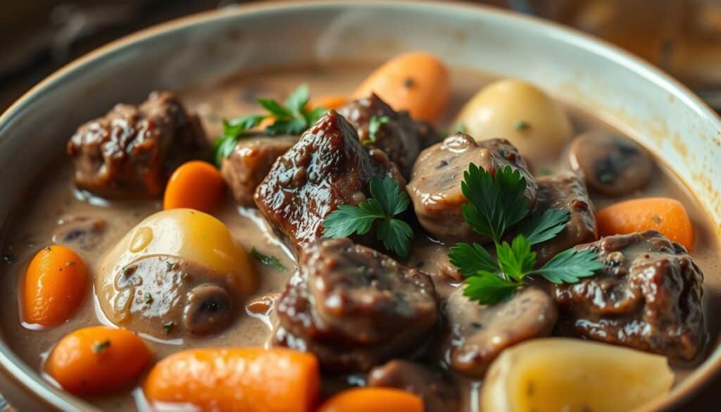 A steaming bowl of tender beef tips simmered in a rich, creamy mushroom sauce, garnished with fresh parsley. The beef tips are seared to a golden brown, contrasting with the silky smooth mushroom gravy. Soft potatoes and tender carrots rest alongside the beef, creating a hearty, comforting scene. Soft, indirect lighting illuminates the dish, highlighting the appetizing textures and colors. The overall mood is one of homey, rustic elegance, inviting the viewer to imagine diving into this delectable slow-cooked meal. A steaming bowl of tender beef tips simmered in a rich, creamy mushroom sauce, garnished with fresh parsley. The beef tips are seared to a golden brown, contrasting with the silky smooth mushroom gravy. Soft potatoes and tender carrots rest alongside the beef, creating a hearty, comforting scene. Soft, indirect lighting illuminates the dish, highlighting the appetizing textures and colors. The overall mood is one of homey, rustic elegance, inviting the viewer to imagine diving into this delectable slow-cooked meal.