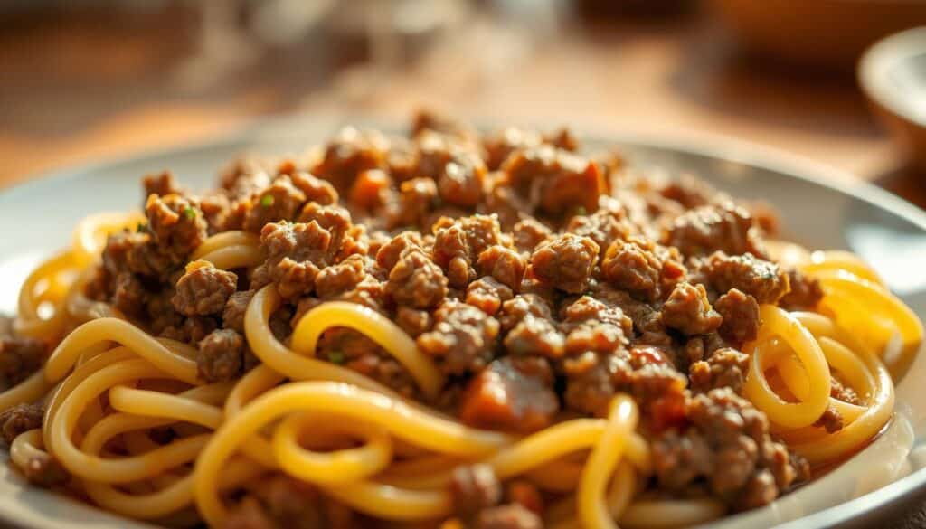 A sumptuous, close-up view of a plate of steaming, perfectly cooked ground beef and egg noodles. The ground beef is browned to a rich, caramelized finish, mixed with tender, al dente egg noodles, all coated in a savory, aromatic sauce. The composition features a shallow depth of field, placing the noodles and beef in sharp focus, while the background is softly blurred, creating a sense of depth and drawing the eye to the delectable centerpiece. Warm, natural lighting casts a golden glow over the dish, highlighting the textures and highlighting the appetizing qualities of the meal. The overall mood is one of comfort, homestyle cooking, and irresistible deliciousness. A sumptuous, close-up view of a plate of steaming, perfectly cooked ground beef and egg noodles. The ground beef is browned to a rich, caramelized finish, mixed with tender, al dente egg noodles, all coated in a savory, aromatic sauce. The composition features a shallow depth of field, placing the noodles and beef in sharp focus, while the background is softly blurred, creating a sense of depth and drawing the eye to the delectable centerpiece. Warm, natural lighting casts a golden glow over the dish, highlighting the textures and highlighting the appetizing qualities of the meal. The overall mood is one of comfort, homestyle cooking, and irresistible deliciousness.