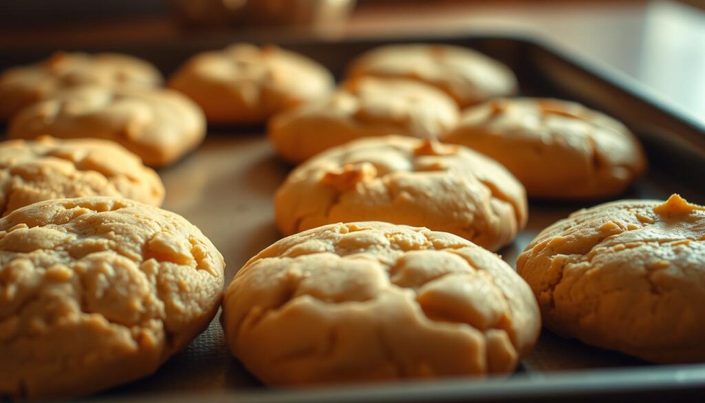A tray of freshly baked cookies, their golden-brown surfaces glistening under warm, soft lighting. The cookies are arranged in a casual, inviting manner, showcasing their simple yet delightful appearance. The foreground features the cookies, with a subtle depth of field blurring the background to create a focus on the main subject. The scene exudes a homey, comforting atmosphere, inviting the viewer to imagine the satisfying taste and aroma of these butter-free treats. The lighting is warm and natural, casting gentle shadows that accentuate the cookies' texture and shape. The overall composition is balanced and visually appealing, highlighting the appeal of these guilt-free, dairy-free cookies.