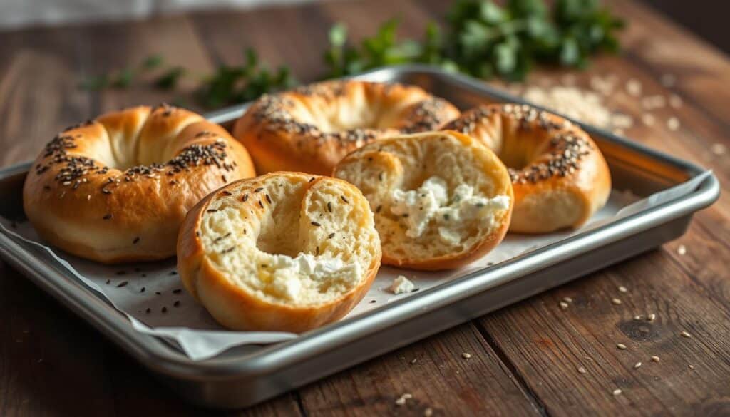A tray of freshly baked, golden-brown low carb high protein bagels sits on a rustic wooden surface. The bagels are sliced in half, revealing a soft, fluffy interior flecked with nutritious cottage cheese. The lighting is soft and natural, creating a warm, inviting atmosphere. In the background, a handful of fresh herbs and a sprinkle of sesame seeds add a touch of color and texture. The overall scene conveys the wholesome, satisfying nature of this healthy breakfast option. A tray of freshly baked, golden-brown low carb high protein bagels sits on a rustic wooden surface. The bagels are sliced in half, revealing a soft, fluffy interior flecked with nutritious cottage cheese. The lighting is soft and natural, creating a warm, inviting atmosphere. In the background, a handful of fresh herbs and a sprinkle of sesame seeds add a touch of color and texture. The overall scene conveys the wholesome, satisfying nature of this healthy breakfast option.