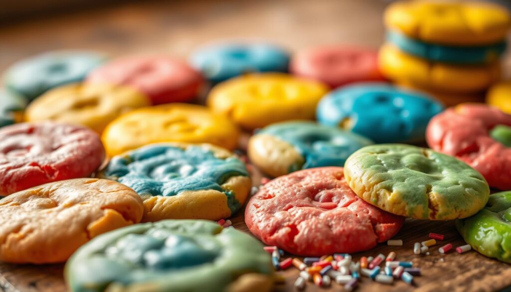 A vibrant display of colorful cookies, freshly baked and glistening, resting on a rustic wooden surface. The foreground showcases an assortment of circular cookies in a range of vivid hues, including bold reds, deep blues, sunny yellows, and vibrant greens. The midground features a scattering of sprinkles, sprinkled haphazardly across the cookies, adding a playful and whimsical touch. The background is softly blurred, allowing the cookies to take center stage, illuminated by warm, natural lighting that casts a gentle glow, highlighting the intricate textures and patterns of the cookies. The overall mood is one of joy, creativity, and a celebration of the versatility of colorful ingredients in cookie recipes. A vibrant display of colorful cookies, freshly baked and glistening, resting on a rustic wooden surface. The foreground showcases an assortment of circular cookies in a range of vivid hues, including bold reds, deep blues, sunny yellows, and vibrant greens. The midground features a scattering of sprinkles, sprinkled haphazardly across the cookies, adding a playful and whimsical touch. The background is softly blurred, allowing the cookies to take center stage, illuminated by warm, natural lighting that casts a gentle glow, highlighting the intricate textures and patterns of the cookies. The overall mood is one of joy, creativity, and a celebration of the versatility of colorful ingredients in cookie recipes.