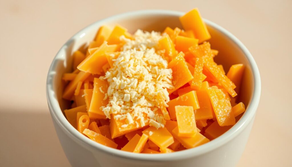 A visually appetizing close-up of three types of shredded cheese - cheddar, parmesan, and gouda - artfully arranged in a white ceramic bowl. The cheese pieces glistening under warm, soft lighting that casts gentle shadows, creating a sense of depth and texture. The background is a neutral, muted tone that allows the vivid colors of the cheese to take center stage. The composition is balanced and aesthetically pleasing, capturing the essential ingredients for a delicious, creamy three-cheese macaroni dish. A visually appetizing close-up of three types of shredded cheese - cheddar, parmesan, and gouda - artfully arranged in a white ceramic bowl. The cheese pieces glistening under warm, soft lighting that casts gentle shadows, creating a sense of depth and texture. The background is a neutral, muted tone that allows the vivid colors of the cheese to take center stage. The composition is balanced and aesthetically pleasing, capturing the essential ingredients for a delicious, creamy three-cheese macaroni dish.