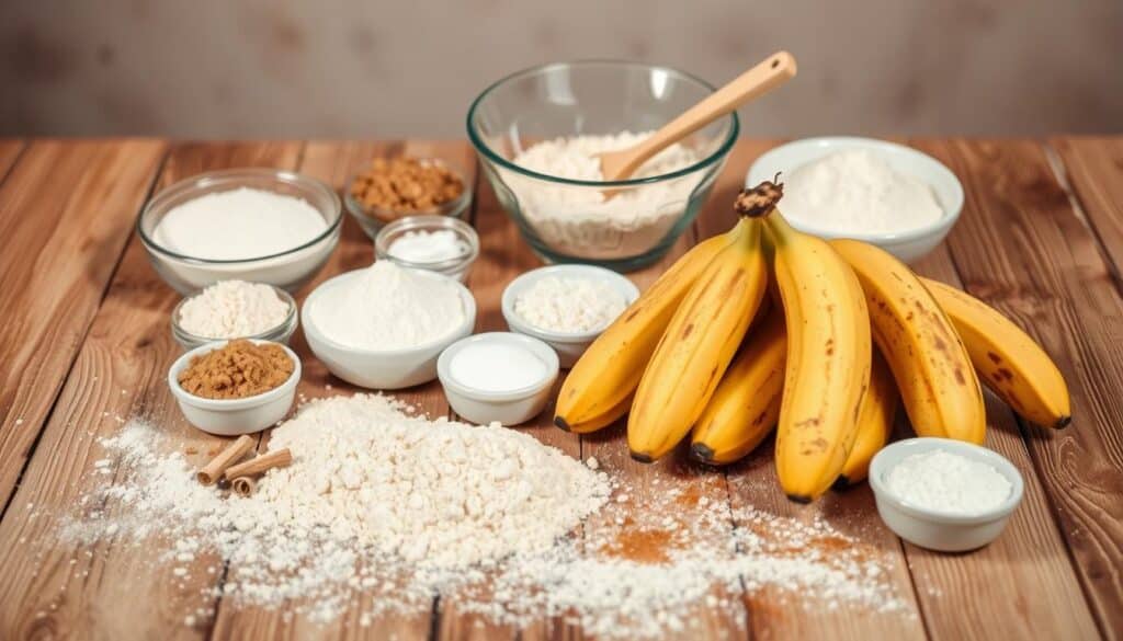 A well-lit, high-angle still life of an assortment of banana bread cookie ingredients spread out on a rustic wooden table. In the foreground, a pile of ripe bananas, their golden skins flecked with dark spots. Surrounding them, a scattering of flour, brown sugar, baking soda, salt, and cinnamon in small bowls. In the middle ground, a mixing bowl and wooden spoon, ready to incorporate the dry and wet ingredients. The background features a neutral, slightly blurred backdrop, emphasizing the natural, homemade feel of the scene. Warm, soft lighting from above casts gentle shadows, creating a cozy, inviting atmosphere. A well-lit, high-angle still life of an assortment of banana bread cookie ingredients spread out on a rustic wooden table. In the foreground, a pile of ripe bananas, their golden skins flecked with dark spots. Surrounding them, a scattering of flour, brown sugar, baking soda, salt, and cinnamon in small bowls. In the middle ground, a mixing bowl and wooden spoon, ready to incorporate the dry and wet ingredients. The background features a neutral, slightly blurred backdrop, emphasizing the natural, homemade feel of the scene. Warm, soft lighting from above casts gentle shadows, creating a cozy, inviting atmosphere.