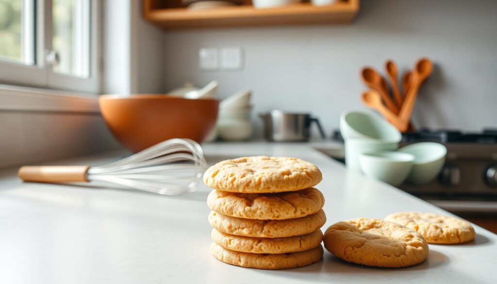 A well-lit kitchen counter, bathed in soft natural light from a nearby window. On the surface, an array of essential baking tools - a sturdy mixing bowl, a wire whisk, a silicone spatula, and a set of measuring cups and spoons. In the foreground, a stack of freshly baked, golden-brown cookies, their texture inviting and their aroma filling the air. The cookies are arranged neatly, showcasing their delicate, butter-free composition. The overall scene exudes a sense of warmth, simplicity, and the joy of homemade baking.