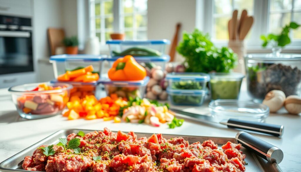 A well-lit kitchen counter, showcasing a variety of fresh, high-quality ingredients for a healthy ground beef meal prep. In the foreground, a tray of neatly portioned ground beef, seasoned with a blend of herbs and spices. Surrounding the beef, an assortment of colorful vegetables, including diced bell peppers, onions, and mushrooms, ready to be sautéed. In the middle ground, a collection of glass containers, meal prep containers, and a sharp chef's knife, highlighting the essential tools for efficient meal preparation. The background features a clean, minimalist kitchen environment, with natural lighting streaming in through large windows, creating a warm and inviting atmosphere. A well-lit kitchen counter, showcasing a variety of fresh, high-quality ingredients for a healthy ground beef meal prep. In the foreground, a tray of neatly portioned ground beef, seasoned with a blend of herbs and spices. Surrounding the beef, an assortment of colorful vegetables, including diced bell peppers, onions, and mushrooms, ready to be sautéed. In the middle ground, a collection of glass containers, meal prep containers, and a sharp chef's knife, highlighting the essential tools for efficient meal preparation. The background features a clean, minimalist kitchen environment, with natural lighting streaming in through large windows, creating a warm and inviting atmosphere.