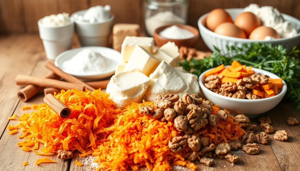 Arrangement of fresh, vibrant carrot cake cookie ingredients on a rustic wooden table. In the foreground, a pile of grated carrots, cinnamon sticks, and chopped walnuts. In the middle, a bowl of cream cheese, butter, and sugar. In the background, a plate of flour, baking powder, and eggs. Soft, natural lighting illuminates the scene, creating a warm, inviting atmosphere. The composition highlights the essential elements needed to bake delicious, homemade carrot cake cookies. Arrangement of fresh, vibrant carrot cake cookie ingredients on a rustic wooden table. In the foreground, a pile of grated carrots, cinnamon sticks, and chopped walnuts. In the middle, a bowl of cream cheese, butter, and sugar. In the background, a plate of flour, baking powder, and eggs. Soft, natural lighting illuminates the scene, creating a warm, inviting atmosphere. The composition highlights the essential elements needed to bake delicious, homemade carrot cake cookies.
