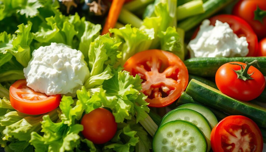 Crisp, fresh vegetables arranged in a vibrant display: a pile of bright green lettuce leaves, juicy tomato slices, crunchy cucumber spears, and a creamy dollop of cottage cheese. The ingredients are illuminated by soft, natural lighting, casting gentle shadows and highlighting their textures. The scene is captured from a slightly elevated angle, allowing the viewer to appreciate the layered composition. A sense of simplicity and wholesome goodness emanates from the image, inviting the viewer to imagine the delicious and nourishing cottage cheese wrap. Crisp, fresh vegetables arranged in a vibrant display: a pile of bright green lettuce leaves, juicy tomato slices, crunchy cucumber spears, and a creamy dollop of cottage cheese. The ingredients are illuminated by soft, natural lighting, casting gentle shadows and highlighting their textures. The scene is captured from a slightly elevated angle, allowing the viewer to appreciate the layered composition. A sense of simplicity and wholesome goodness emanates from the image, inviting the viewer to imagine the delicious and nourishing cottage cheese wrap.
