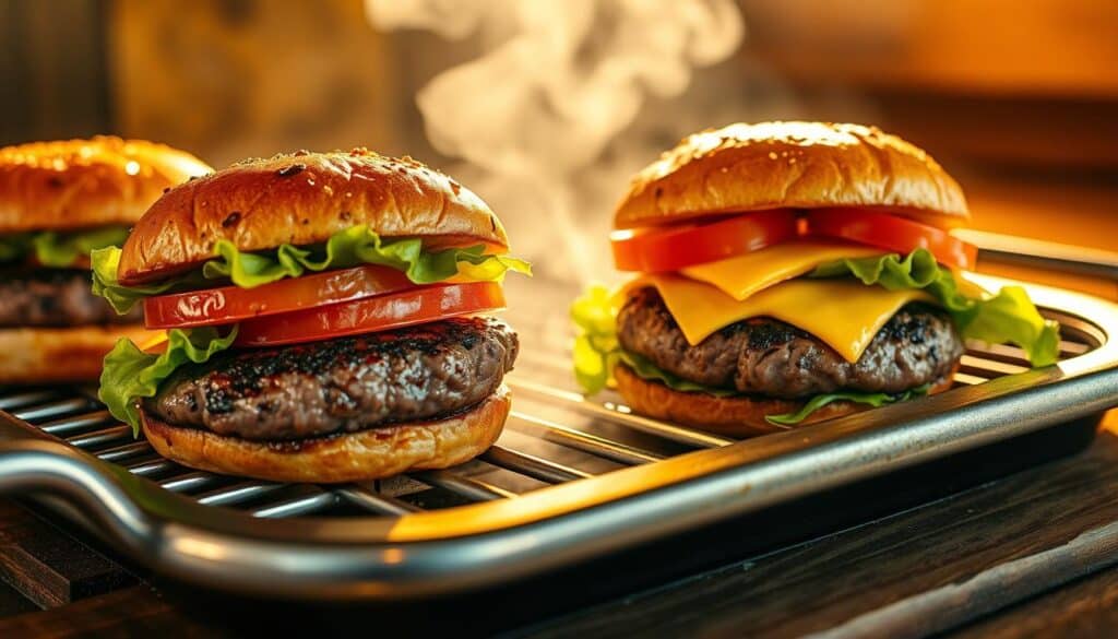 Delectable wagyu beef burgers, sizzling on a gleaming metal grill, bathed in warm, golden light. Juicy patties, seasoned to perfection, seared to a mouth-watering char, their rich, marbled texture evident. Crisp, fresh lettuce leaves, vibrant tomato slices, and creamy, melted cheddar cheese adorn the burgers, creating a symphony of flavors. The scene is captured from a low, angled perspective, emphasizing the burgers' artful presentation and the enticing aroma wafting through the air. A rustic, wooden surface frames the burgers, hinting at the homemade, artisanal nature of this delightful dish.
