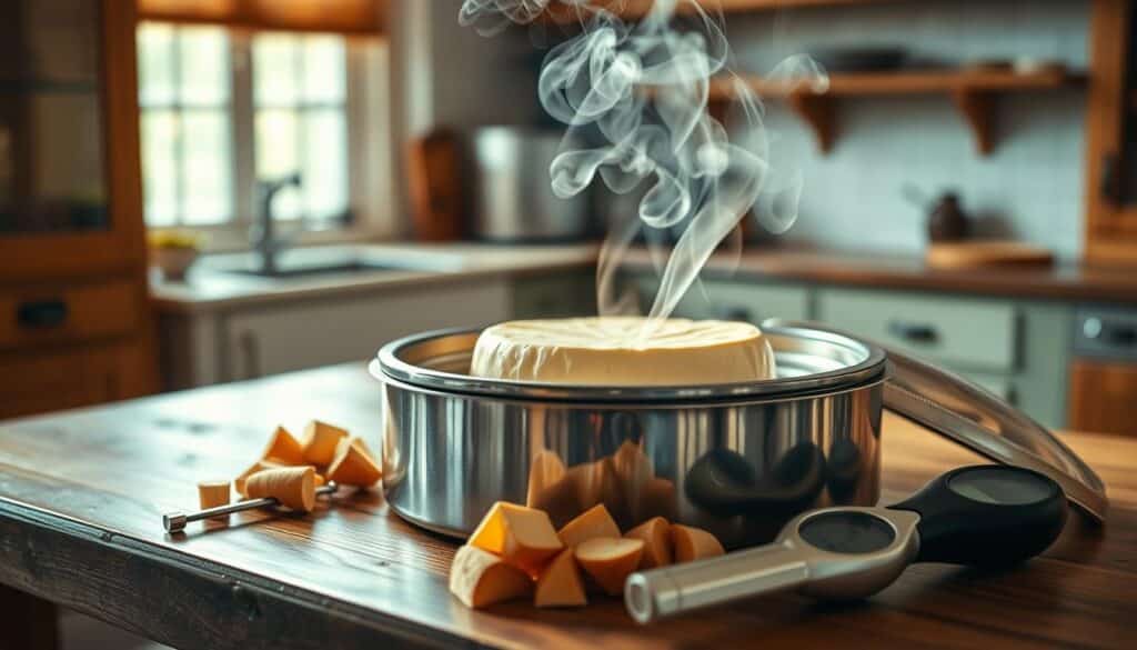 Detailed, high-quality image of professional-grade smoking equipment for cream cheese. A stainless steel smoker with a clear glass lid sits on a wooden table in a bright, well-lit kitchen. Wisps of aromatic smoke curl up from the cheese inside, bathed in a warm, golden glow. Wooden smoking chips and a handheld meat thermometer are arranged neatly alongside. The scene conveys a sense of craftsmanship, precision, and the artful process of creating smoked cream cheese. Detailed, high-quality image of professional-grade smoking equipment for cream cheese. A stainless steel smoker with a clear glass lid sits on a wooden table in a bright, well-lit kitchen. Wisps of aromatic smoke curl up from the cheese inside, bathed in a warm, golden glow. Wooden smoking chips and a handheld meat thermometer are arranged neatly alongside. The scene conveys a sense of craftsmanship, precision, and the artful process of creating smoked cream cheese.