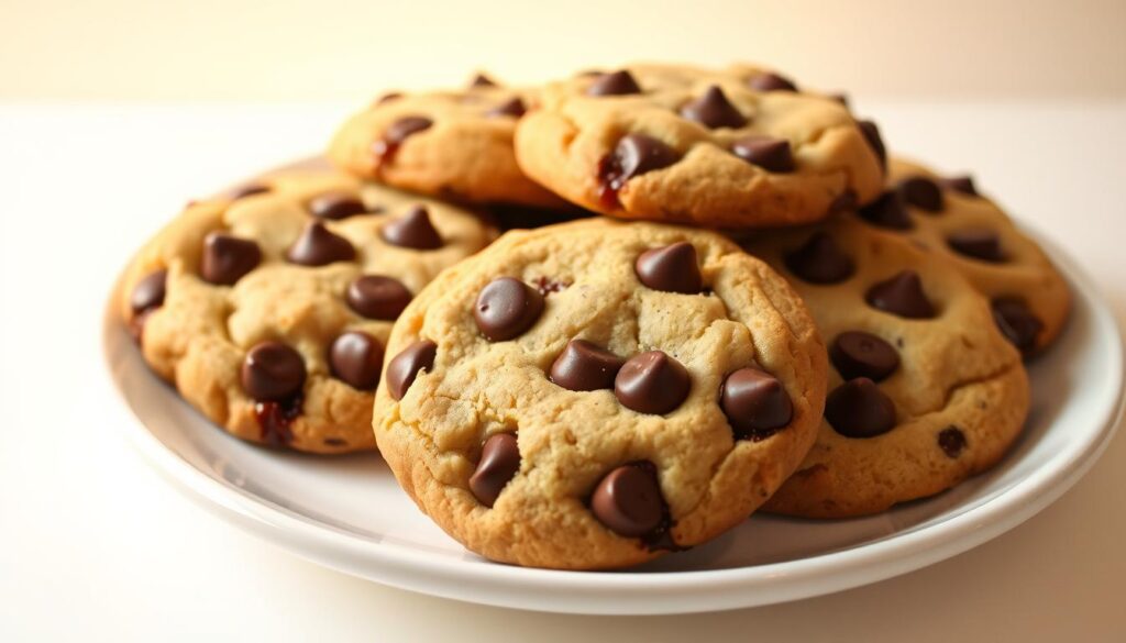 Freshly baked chocolate chip cookies, still warm from the oven, arranged on a classic white plate. The rich, gooey chocolate chips are melted and oozing, contrasting with the golden-brown, crispy edges of the cookies. A warm, inviting light illuminates the scene, casting a soft, comforting glow. The cookies are presented against a simple, minimalist background, allowing the delectable treat to be the center of attention. The overall composition evokes a sense of nostalgia and the timeless appeal of Betty Crocker's iconic recipe.