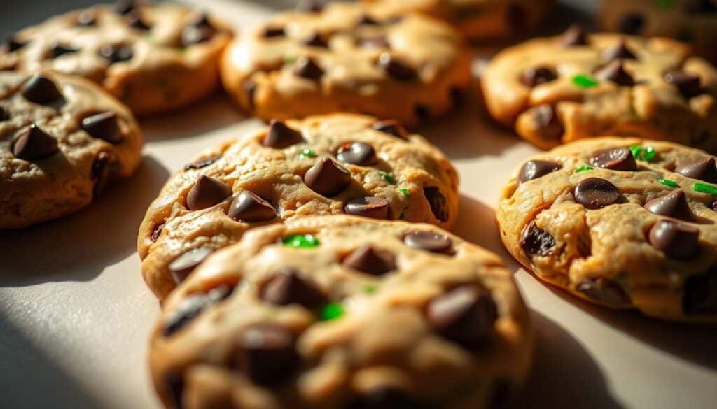 Freshly baked mint chocolate pudding cookies, their soft and chewy texture glistening under warm studio lighting. A close-up view showcases the vibrant green specks of mint and rich, decadent chocolate chips throughout the golden-brown dough. The cookies are arranged artfully on a clean white surface, casting long shadows that add depth and dimension to the scene. The overall mood is cozy and inviting, enticing the viewer to imagine the delightful aroma and irresistible flavor of these homemade treats. Freshly baked mint chocolate pudding cookies, their soft and chewy texture glistening under warm studio lighting. A close-up view showcases the vibrant green specks of mint and rich, decadent chocolate chips throughout the golden-brown dough. The cookies are arranged artfully on a clean white surface, casting long shadows that add depth and dimension to the scene. The overall mood is cozy and inviting, enticing the viewer to imagine the delightful aroma and irresistible flavor of these homemade treats.