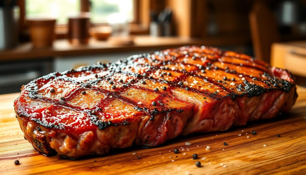 High-quality close-up shot of a tender, juicy beef flap meat steak, seared to perfection with a golden-brown crust. The steak is positioned on a wooden cutting board, with a rustic backdrop of a farmhouse-style kitchen. Warm, natural lighting casts a soft, inviting glow, highlighting the steak's rich marbling and the coarse salt and freshly ground black pepper seasoning. The composition emphasizes the steak's tender texture and robust, beefy flavor, conveying its suitability as an excellent choice for a flavorful, satisfying steak dish. High-quality close-up shot of a tender, juicy beef flap meat steak, seared to perfection with a golden-brown crust. The steak is positioned on a wooden cutting board, with a rustic backdrop of a farmhouse-style kitchen. Warm, natural lighting casts a soft, inviting glow, highlighting the steak's rich marbling and the coarse salt and freshly ground black pepper seasoning. The composition emphasizes the steak's tender texture and robust, beefy flavor, conveying its suitability as an excellent choice for a flavorful, satisfying steak dish.