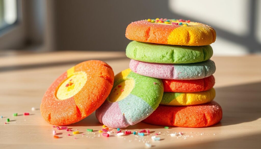 High-resolution macro photograph of a stack of vibrant rainbow-colored sugar cookies on a light wooden table, with soft natural lighting from the side creating shadows and highlights. The cookies have a glossy, shiny finish and are dusted with a fine layer of colorful sanding sugar in a variety of hues including red, orange, yellow, green, blue, and purple. The cookies are arranged neatly, with a few crumbs scattered around, conveying a sense of artisanal craftsmanship. The overall mood is one of whimsical delight and visual appeal, drawing the viewer's attention to the natural vibrancy of the ingredients used to create these colorful confections. High-resolution macro photograph of a stack of vibrant rainbow-colored sugar cookies on a light wooden table, with soft natural lighting from the side creating shadows and highlights. The cookies have a glossy, shiny finish and are dusted with a fine layer of colorful sanding sugar in a variety of hues including red, orange, yellow, green, blue, and purple. The cookies are arranged neatly, with a few crumbs scattered around, conveying a sense of artisanal craftsmanship. The overall mood is one of whimsical delight and visual appeal, drawing the viewer's attention to the natural vibrancy of the ingredients used to create these colorful confections.