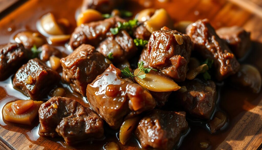 Slow-cooked beef tips simmering in a rich, savory sauce on a wooden chopping board. Close-up view, soft lighting from the side casts warm shadows. Tender chunks of beef, caramelized on the edges, nestled among aromatic onions, garlic, and herbs. Droplets of condensation glisten on the surface, hinting at the moist, succulent texture. The scene evokes the comforting aromas and flavors of a homemade, slow-simmered dish, inviting the viewer to imagine the satisfying bite and melt-in-your-mouth experience. Slow-cooked beef tips simmering in a rich, savory sauce on a wooden chopping board. Close-up view, soft lighting from the side casts warm shadows. Tender chunks of beef, caramelized on the edges, nestled among aromatic onions, garlic, and herbs. Droplets of condensation glisten on the surface, hinting at the moist, succulent texture. The scene evokes the comforting aromas and flavors of a homemade, slow-simmered dish, inviting the viewer to imagine the satisfying bite and melt-in-your-mouth experience.