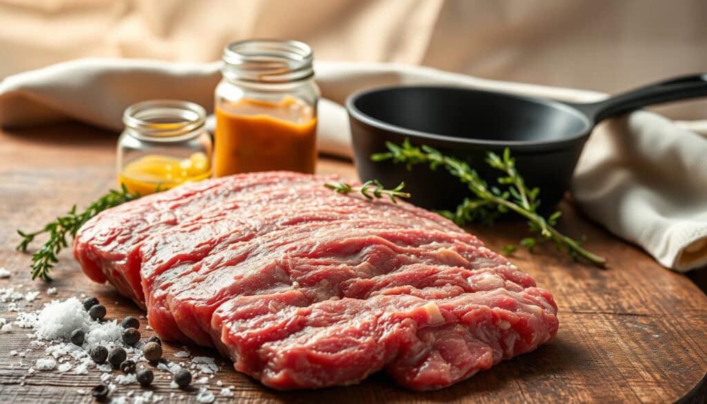 Tightly arranged still life of wagyu ground beef ingredients on a rustic wooden table. Foreground features high-quality wagyu beef, coarse sea salt, freshly cracked black peppercorns, and a sprinkle of fresh thyme. Midground showcases a glass jar of rich, golden rendered fat and a small cast iron skillet. Background has a neutral linen cloth, with natural lighting casting a warm, earthy glow across the scene. Composition is balanced and inviting, highlighting the premium quality and simple elegance of these essential elements for a delicious wagyu ground beef recipe.